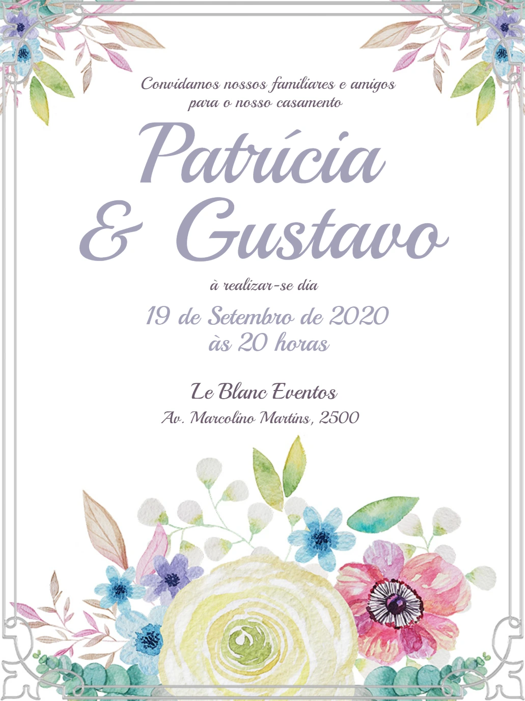 Convite de Casamento Floral Aquarela para Editar Online