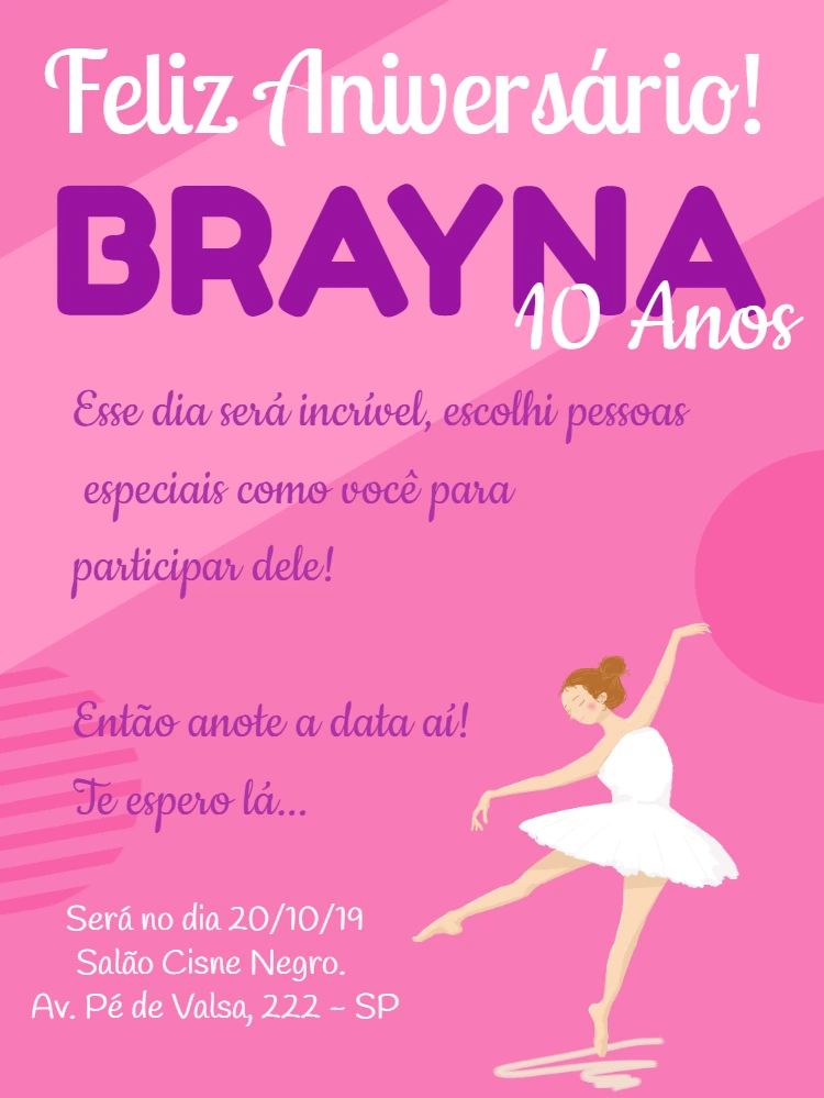 Convite de Aniversário Bailarina Rosa para Editar Online