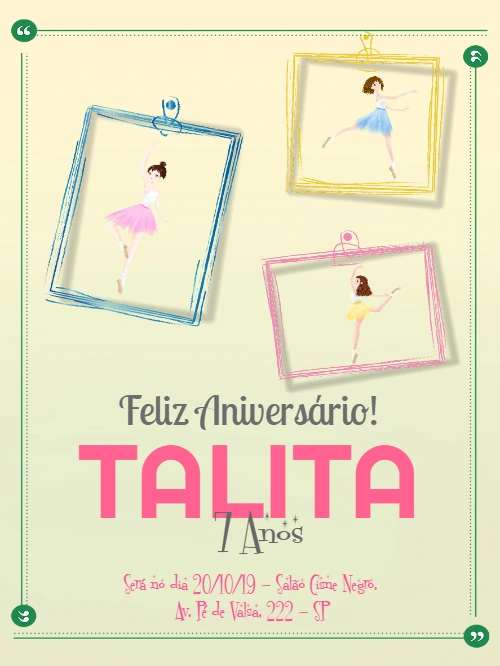 Convite de Aniversário Bailarina Delicada para Editar Online