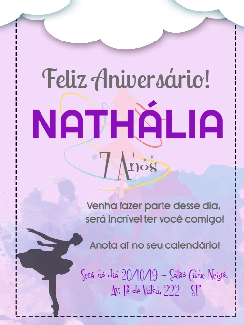 Convite de Aniversário Bailarina Delicado para Editar Online
