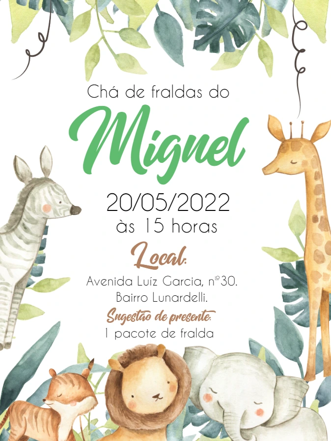 Convite Chá de Fraldas Safari Aquarela para Editar Online