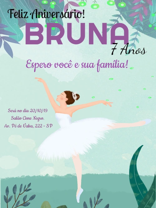 Convite Aniversário Bailarina Delicada para Editar Online