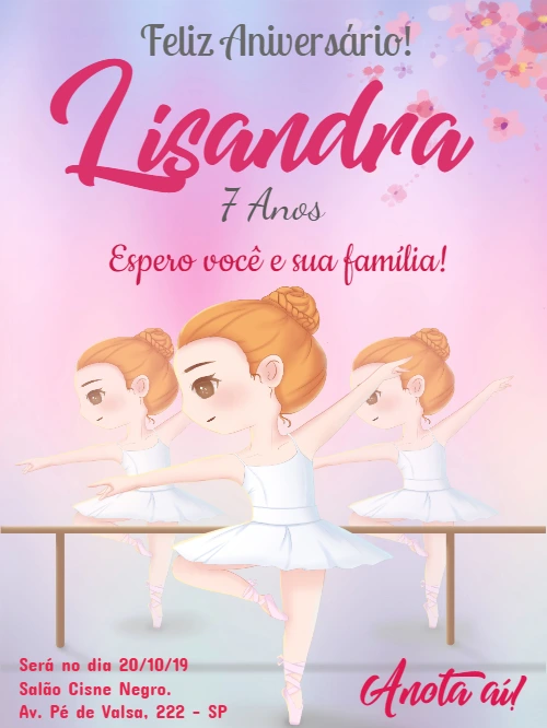 Convite de Aniversário Bailarina Delicada para Editar Online
