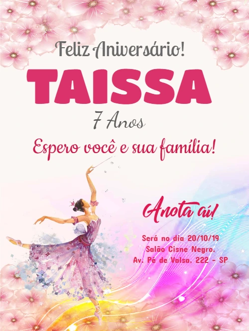 Convite Aniversário Bailarina Delicada para Editar Online