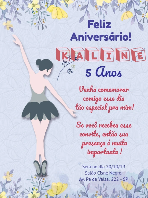 Convite de Aniversário Bailarina Delicado para Editar Online