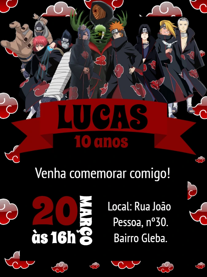 Convite Aniversário Akatsuki com Personagens para Editar Online