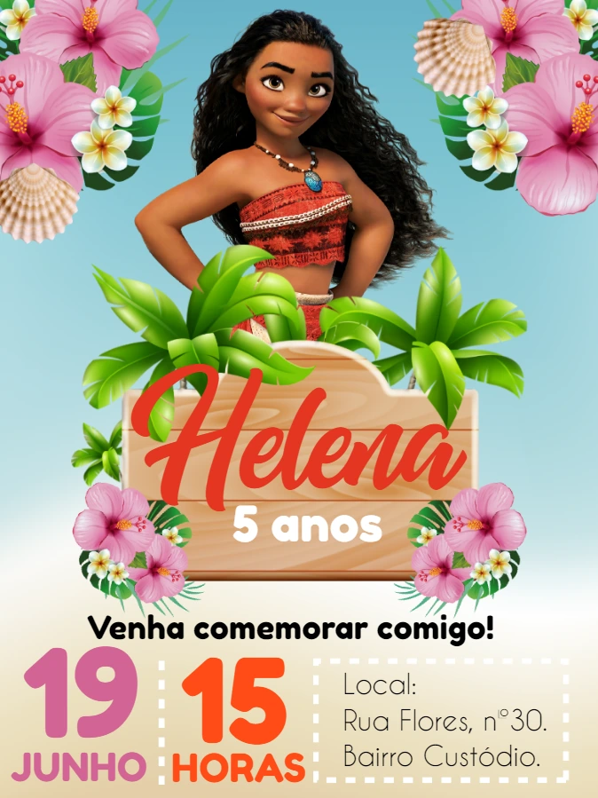 Convite de Aniversário Moana para Editar Online e Imprimir