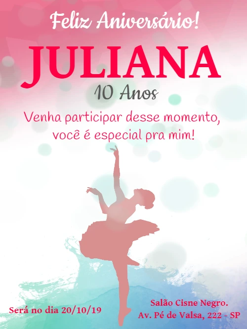 Convite de Aniversário Bailarina Delicado para Editar Online