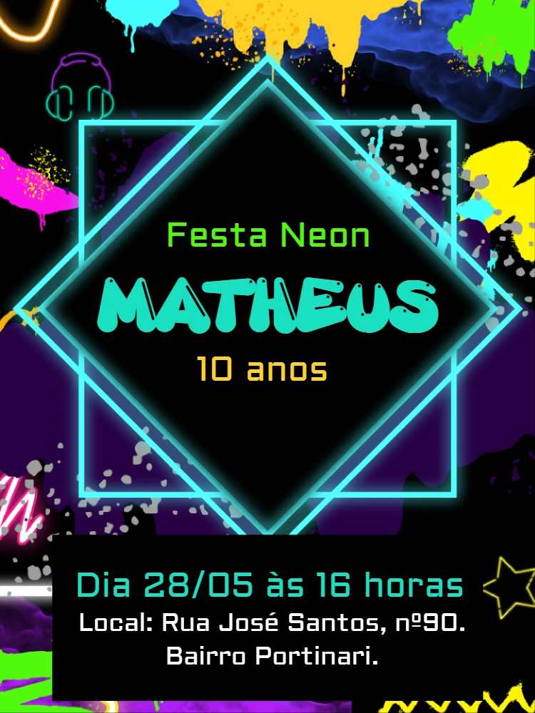 Convite de Aniversário Neon Balada para Editar Online