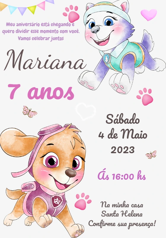 Convite Patrulha Canina Meninas para Aniversário Editável
