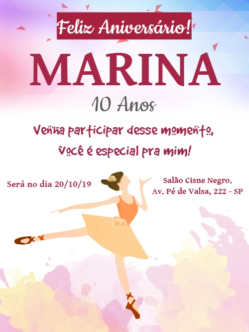 Convite de Aniversário Bailarina Delicado para Editar Online