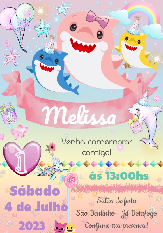 Convite Aniversário Baby Shark Rosa para Editar Online