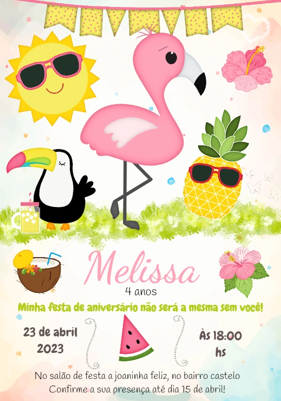 Convite de Aniversário Flamingo Tropical para Editar Online