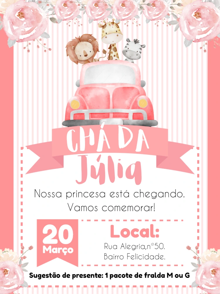 Convite Chá de Bebê Safari Rosa para Editar Online