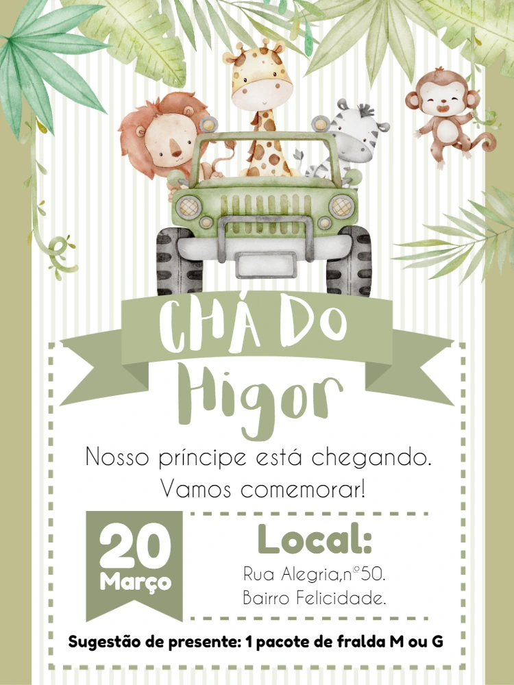 Convite Chá de Bebê Safari com Animais para Editar Online
