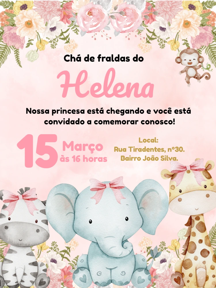 Convite Chá de Bebê Safari Rosa com Animais para Editar Online