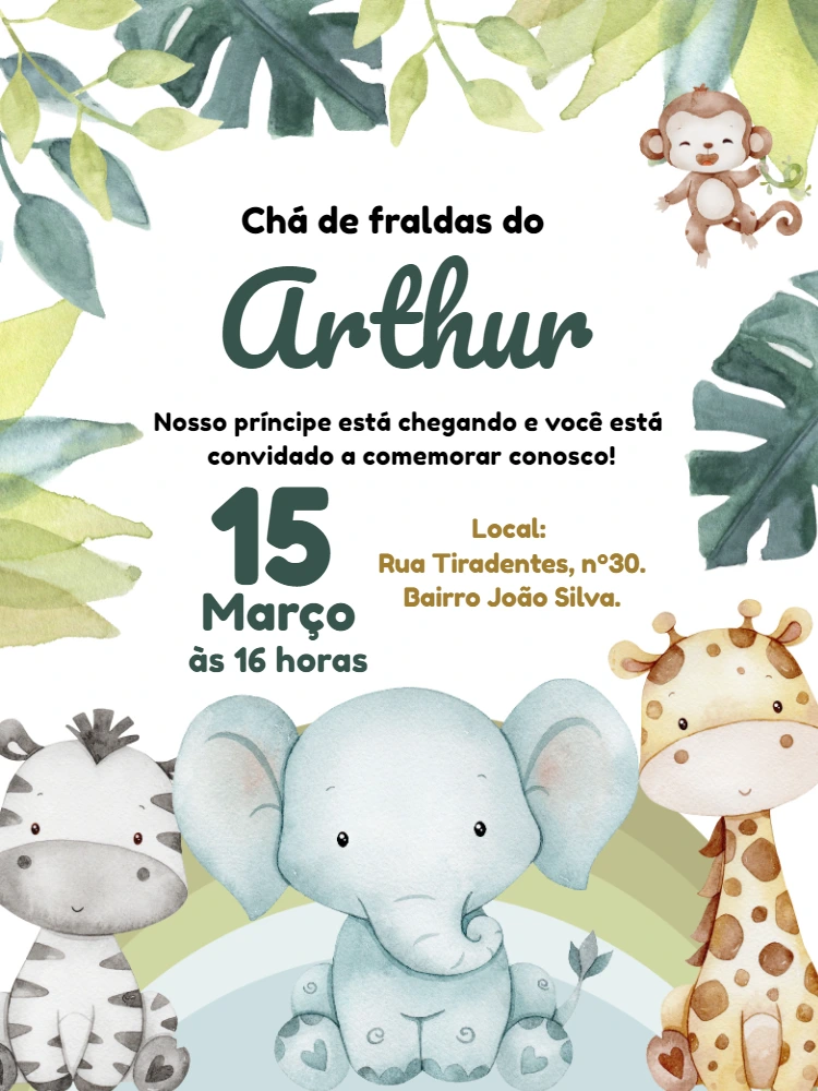 Convite Chá de Bebê Safari com Animais Fofos para Editar Online