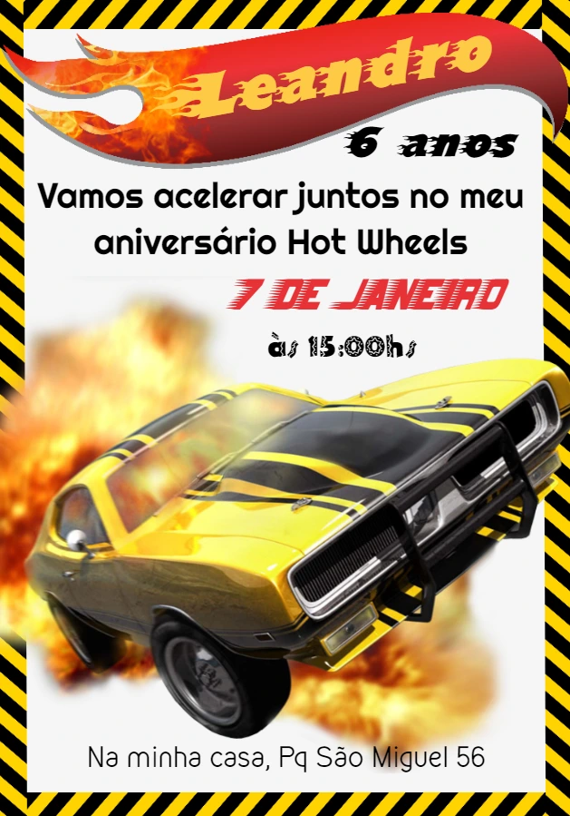 Convite de Aniversário Hot Wheels com Carro para Editar Online