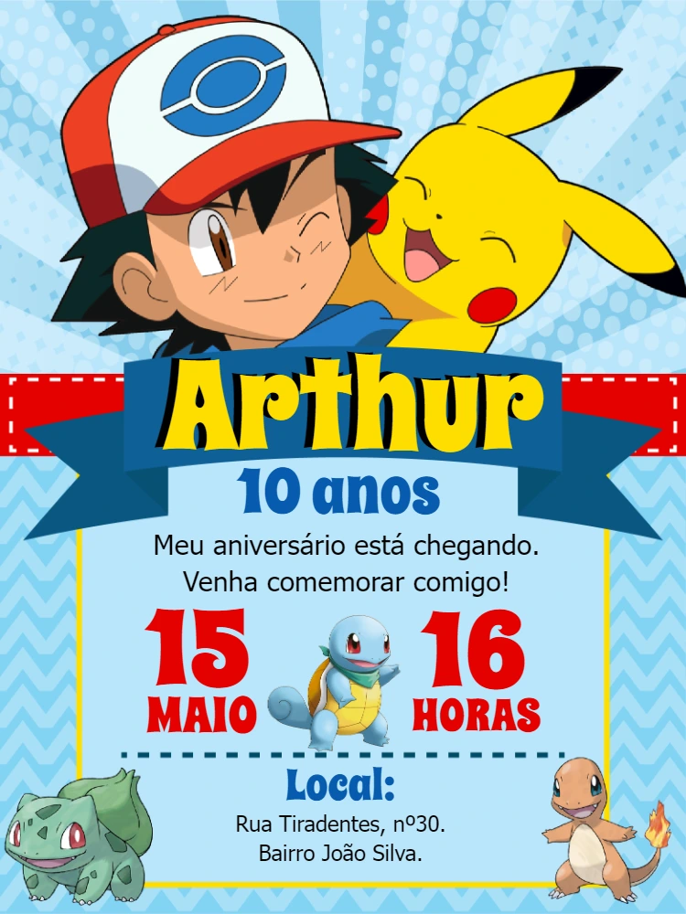Convite de Aniversário Pokémon com Ash e Pikachu para Editar