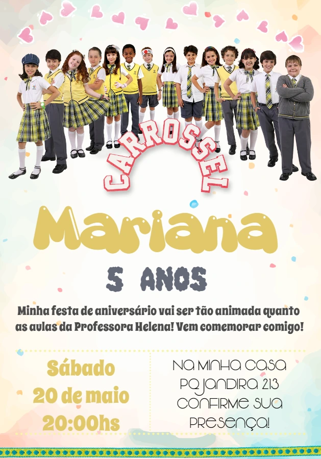 Convite de Aniversário Carrossel com Personagens para Editar