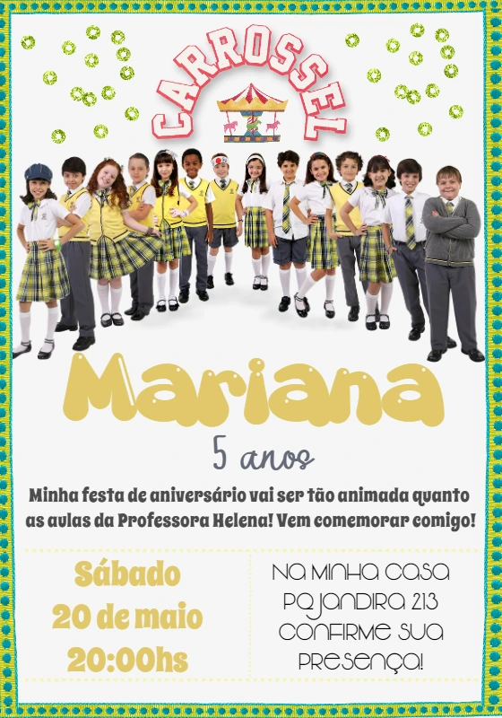 Convite Aniversário Carrossel com a Turma para Editar Online