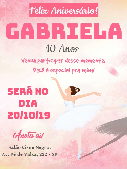 Convite Aniversário Bailarina Delicado para Editar Online