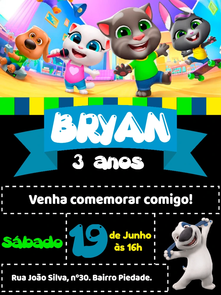 Convite Aniversário Talking Tom e Amigos para Editar Online