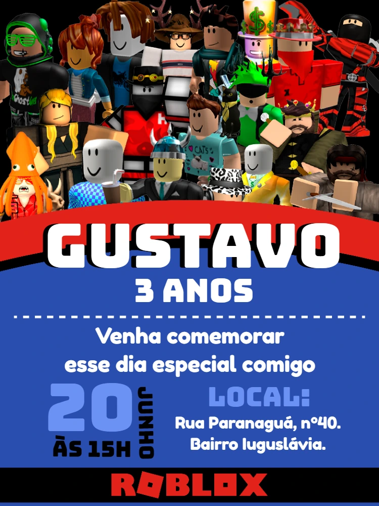 Convite de Aniversário Roblox com Personagens para Editar