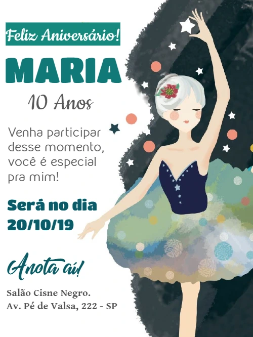 Convite de Aniversário Bailarina Delicada para Editar Online
