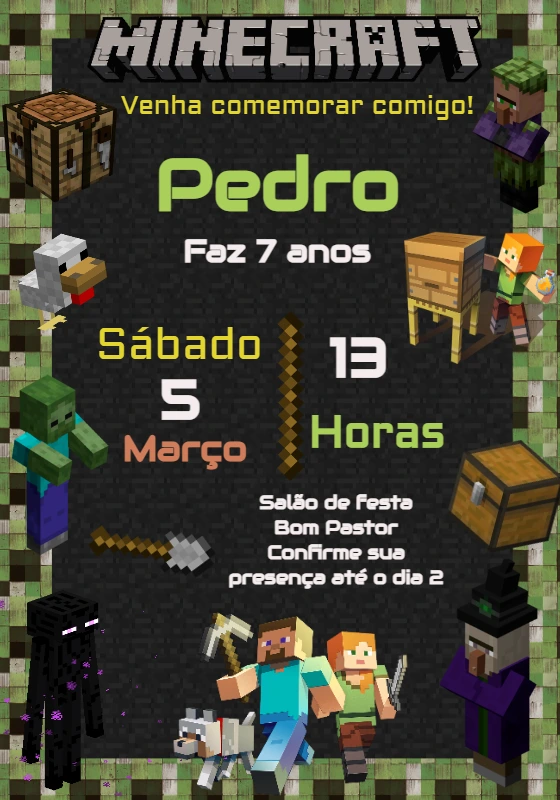 Convite de Aniversário Minecraft com Personagens para Editar Online
