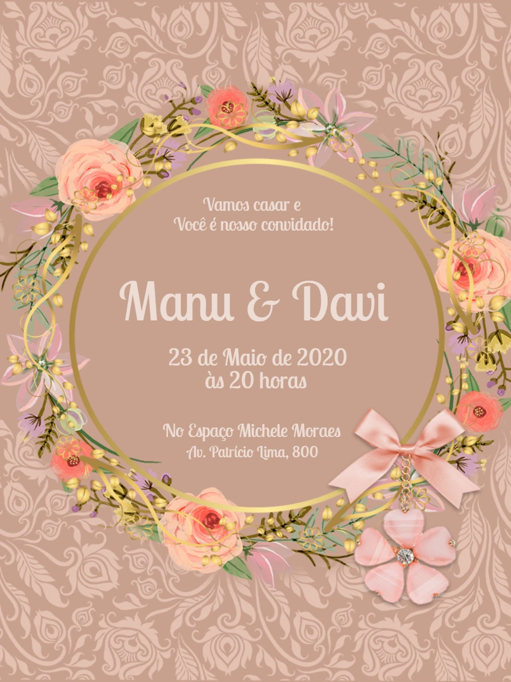 Convite de Casamento Floral Bege e Dourado para Editar Online