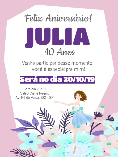 Convite de Aniversário Bailarina Delicado para Editar Online