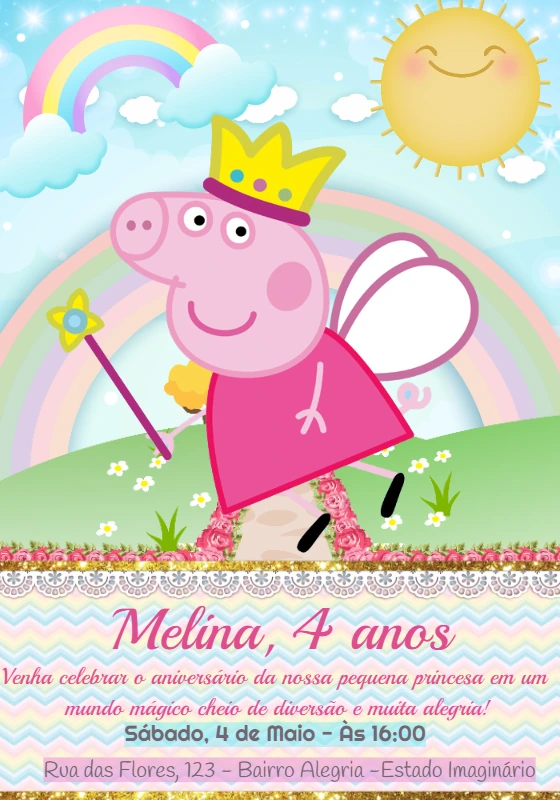 Convite Aniversário Peppa Pig Fada para Editar Online