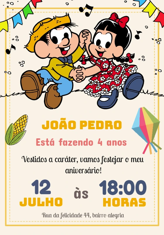 Convite Festa Junina Turma da Mônica para Editar Online