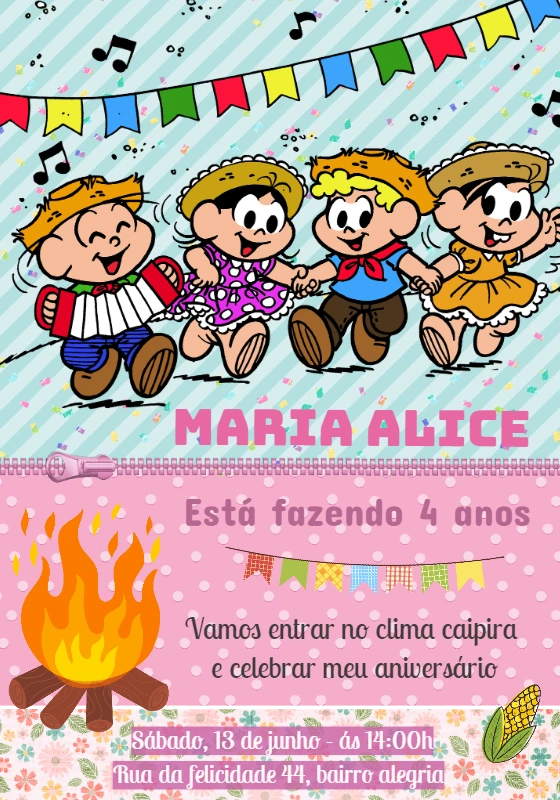 Convite Festa Junina Turma da Mônica para Editar Online