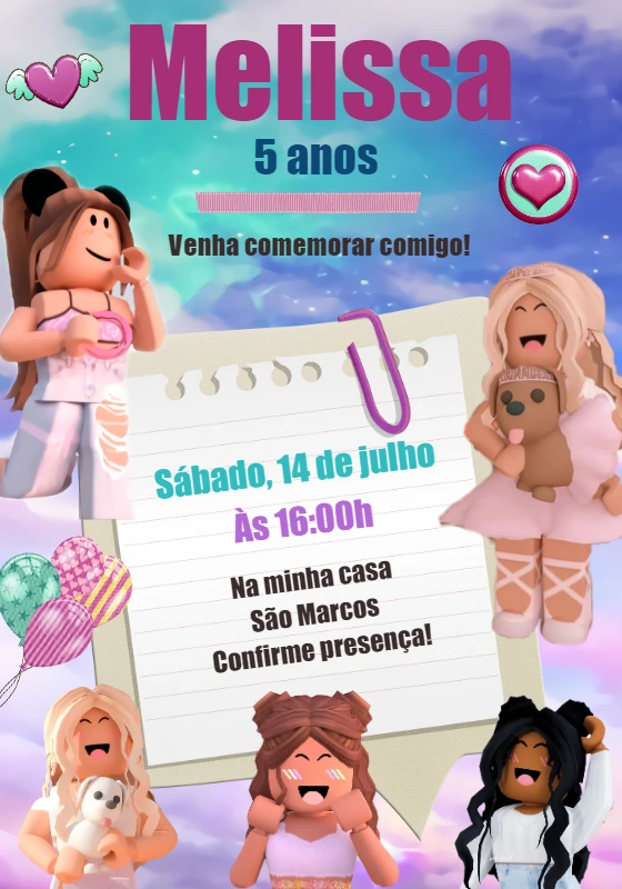Convite de Aniversário Roblox Girl para Editar Online