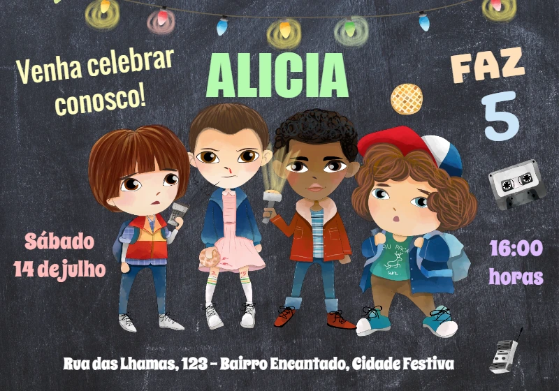 Convite Aniversário Stranger Things com Personagens para Editar