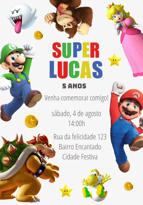 Convite Aniversário Super Mario com Personagens para Editar Online
