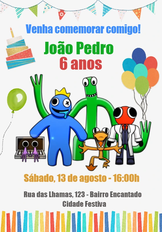 Convite de Aniversário Rainbow Friends Editável Online