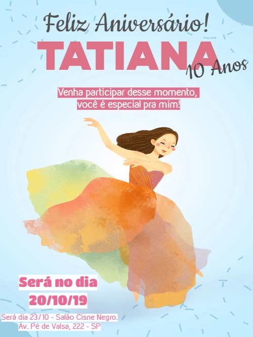 Convite Aniversário Bailarina Aquarela para Editar Online