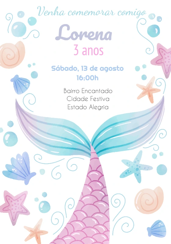 Convite de Aniversário Sereia com Cauda para Editar Online