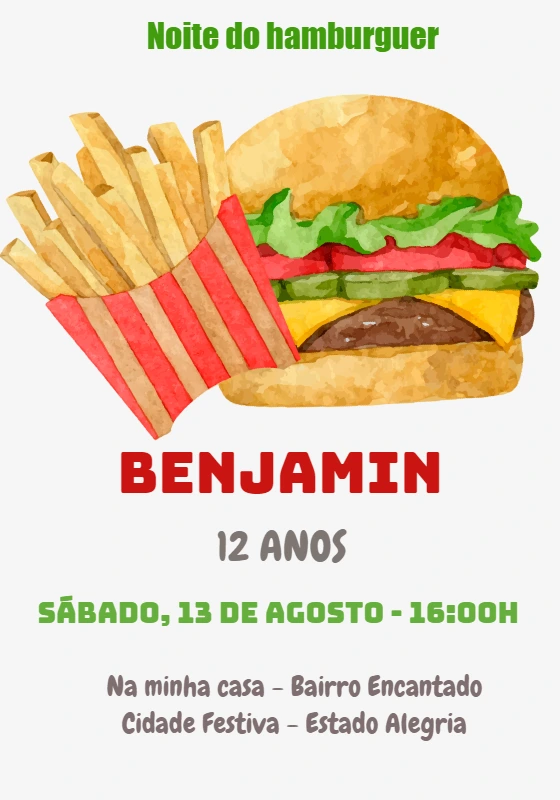 Convite de Aniversário Tema Hambúrguer para Editar Online