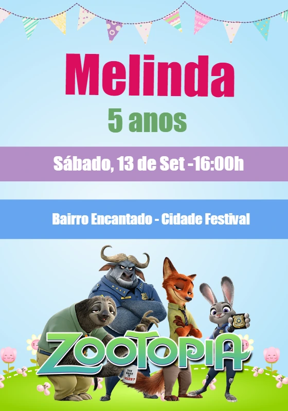 Convite de Aniversário Zootopia com Personagens para Editar