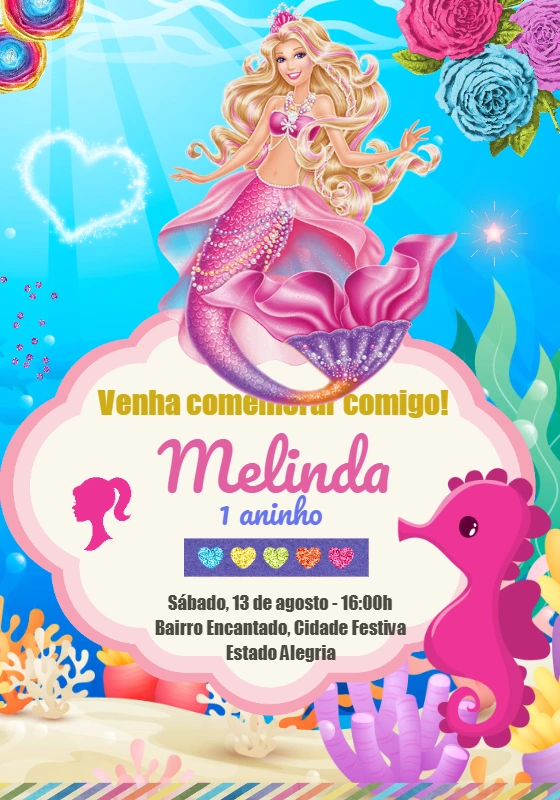 Convite de Aniversário Barbie Sereia para Editar Online