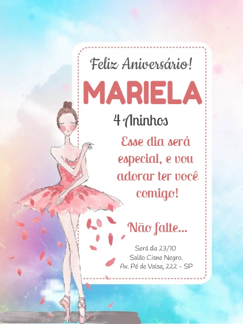 Convite de Aniversário Bailarina Delicado para Editar Online