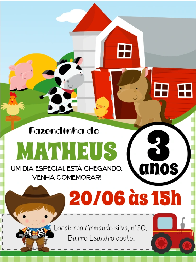Convite de Aniversário Fazendinha Menino para Editar Online
