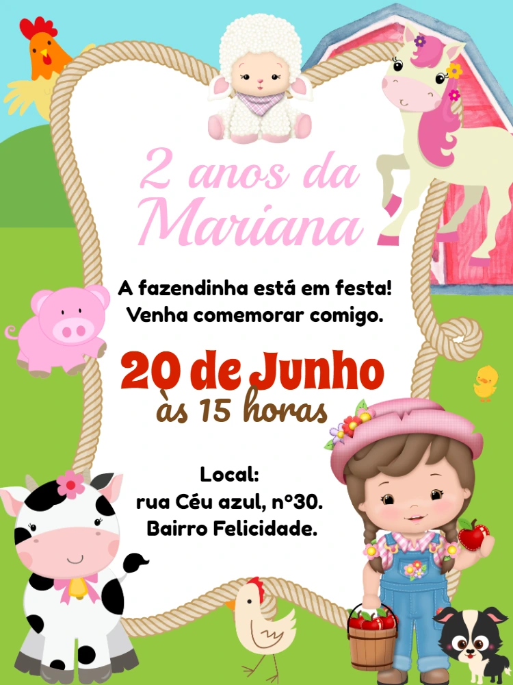 Convite Aniversário Fazendinha Menina com Animais para Editar