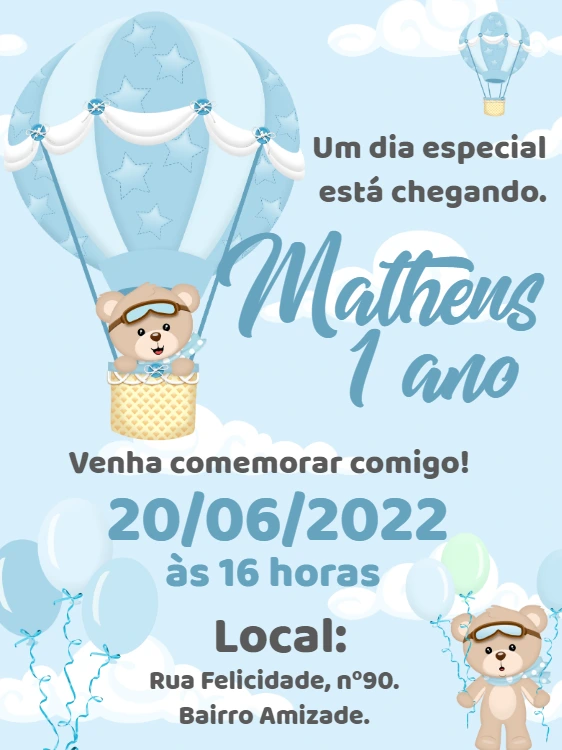 Convite Aniversário Ursinho Baloeiro Azul para Editar Online