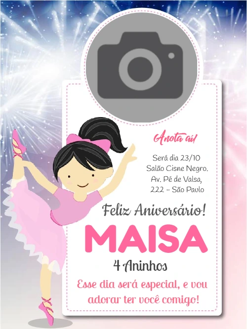 Convite Aniversário Bailarina com Foto para Editar Online