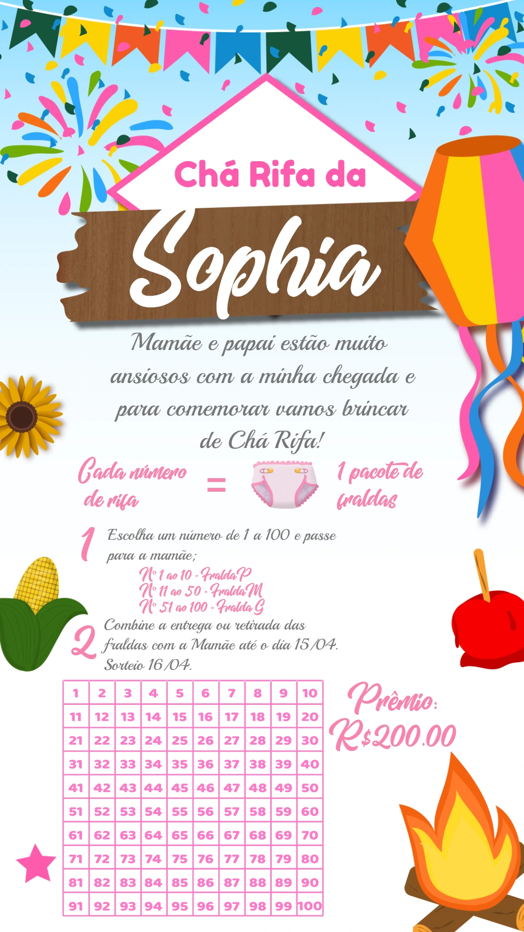 Convite Chá Rifa Arraiá Festa Junina para Editar Online